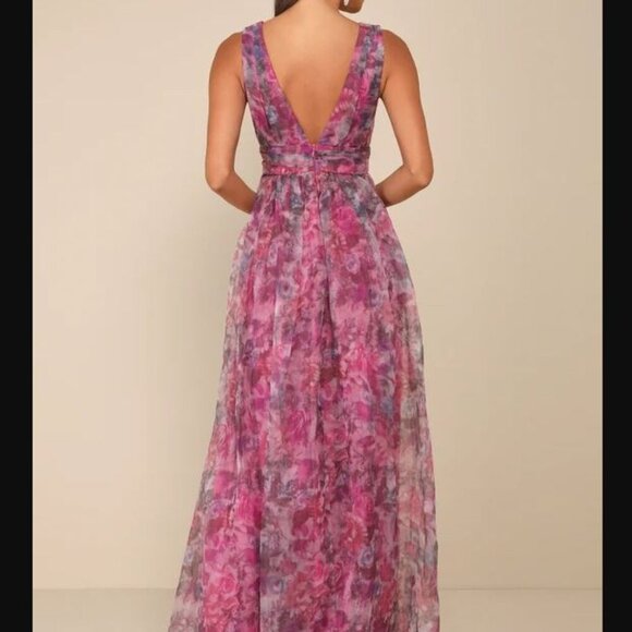 NWOT Lulus Magenta Floral Print Organza Maxi Dress - Picture 3 of 7
